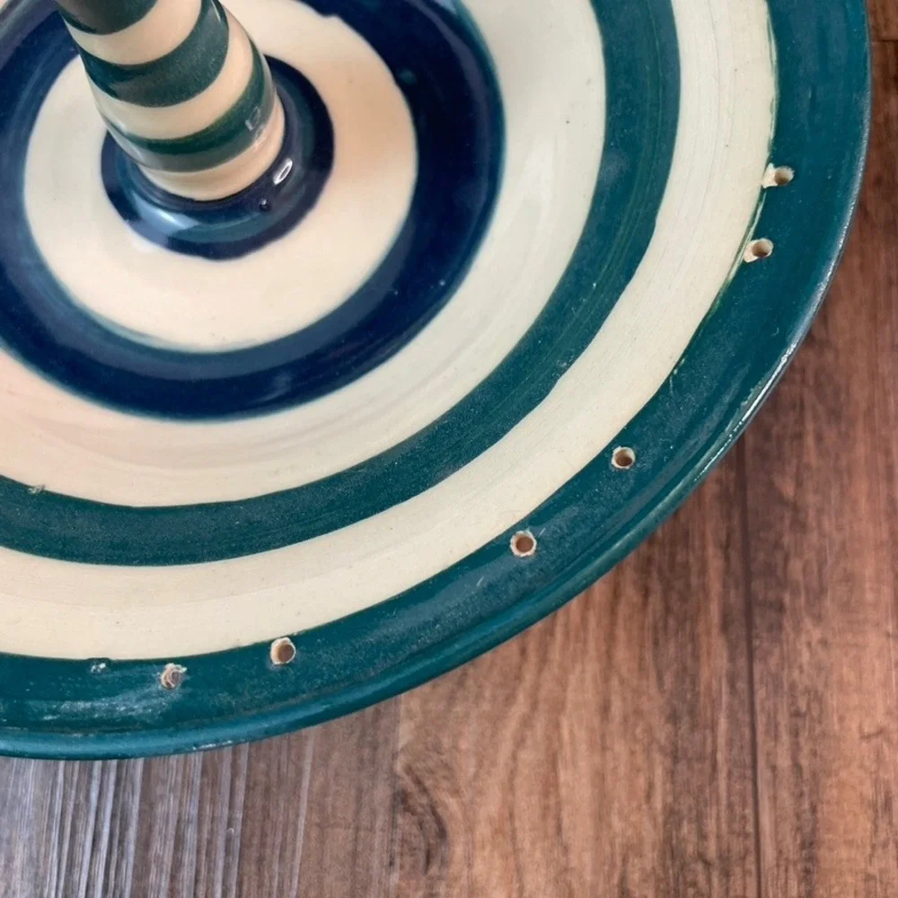 Yes Mam Studio Pottery Apple Baker Teal Navy Striped Tripod Footed Ceramic